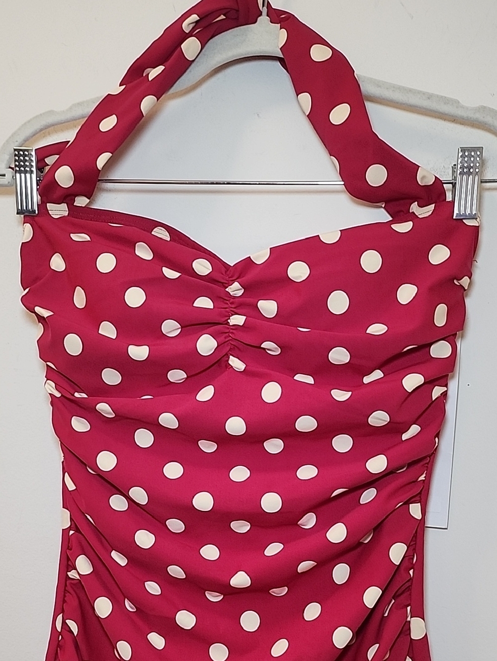 Esther Williams red white polkadot halter one-piece swimsuit ruched fabric Sz 12 - Picture 6 of 16